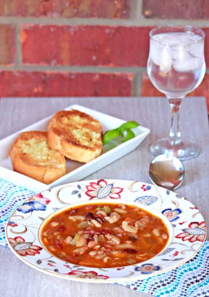 Vegetarian15 Bean Soup in floral bowl - side view