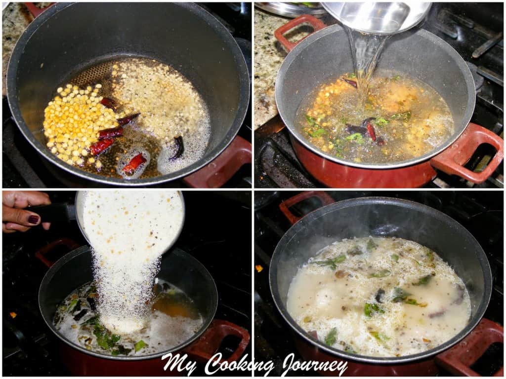 Cooking the upma ingredients in a pot.