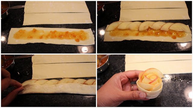 step by step process for shaping and rolling and apple roses