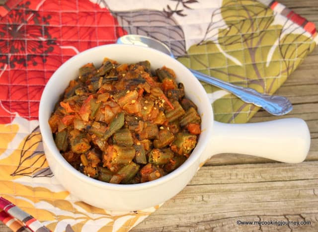 Bhindi Subzi in a white bowl