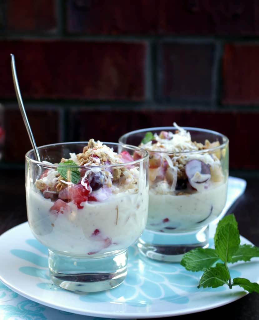 Bionico, Mexican Fruit Salad in two glass cups. Side view