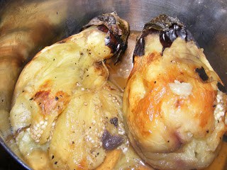 Peeled roasted eggplants.