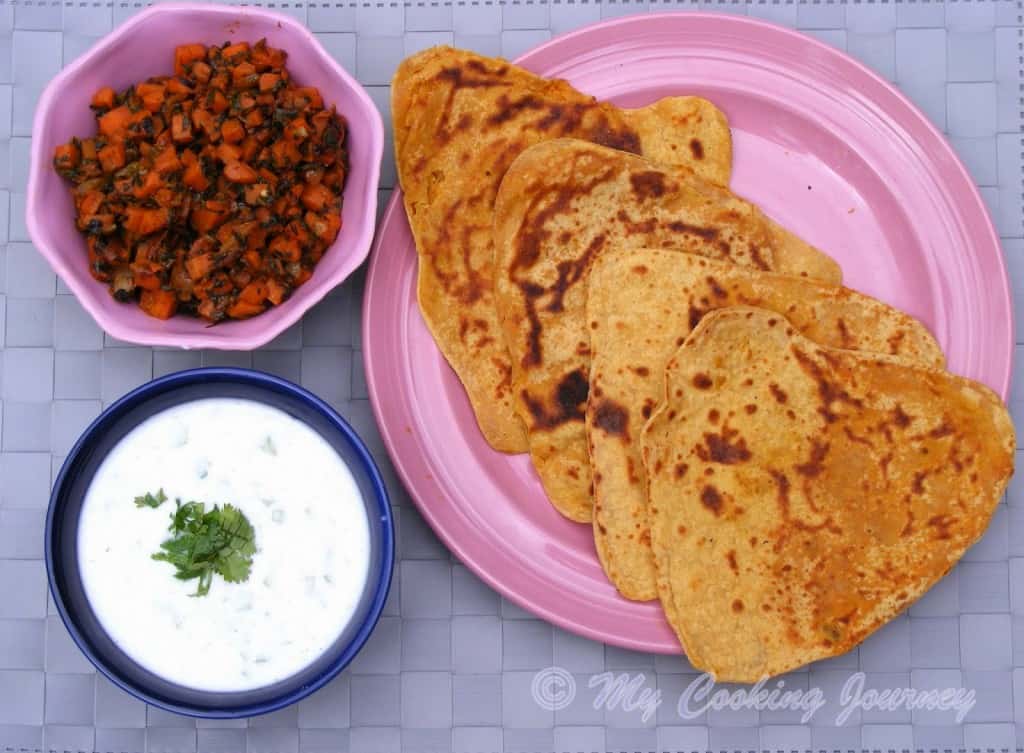 Haryana Besan Masala roti with Gajar methi subzi in a Plate