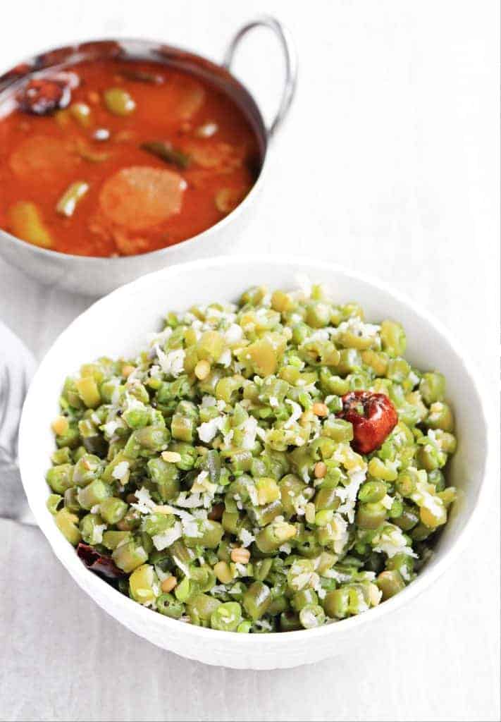 Beans Poriyal with Coconut and Vatthal kuzhambu on the side