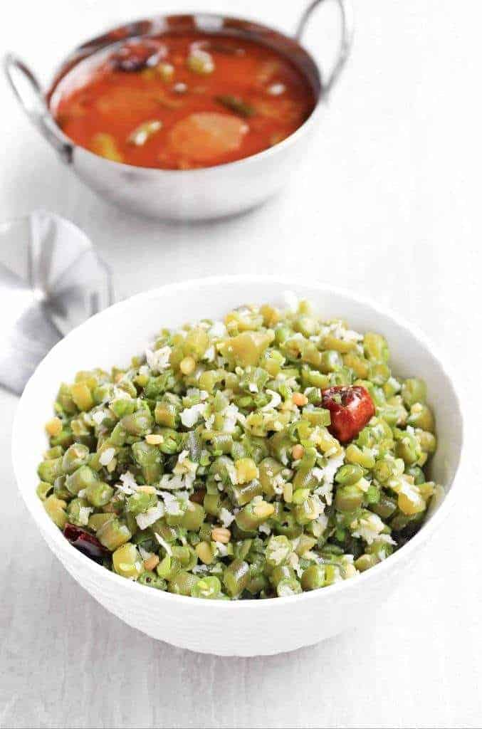 Beans Curry with Coconut in a white bowl