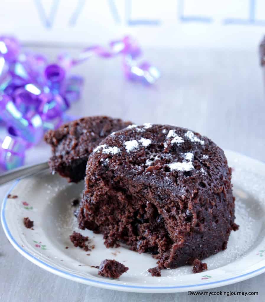 Microwave Chocolate mug cake cut into half