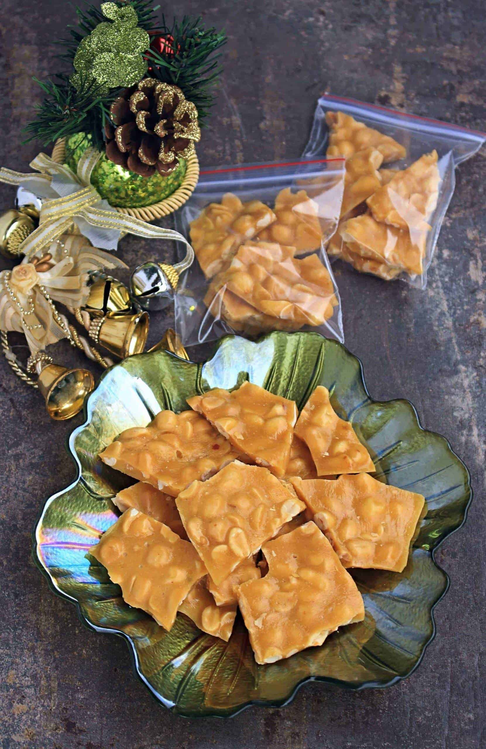 Old Fashioned Peanut Brittle in a decorative plate