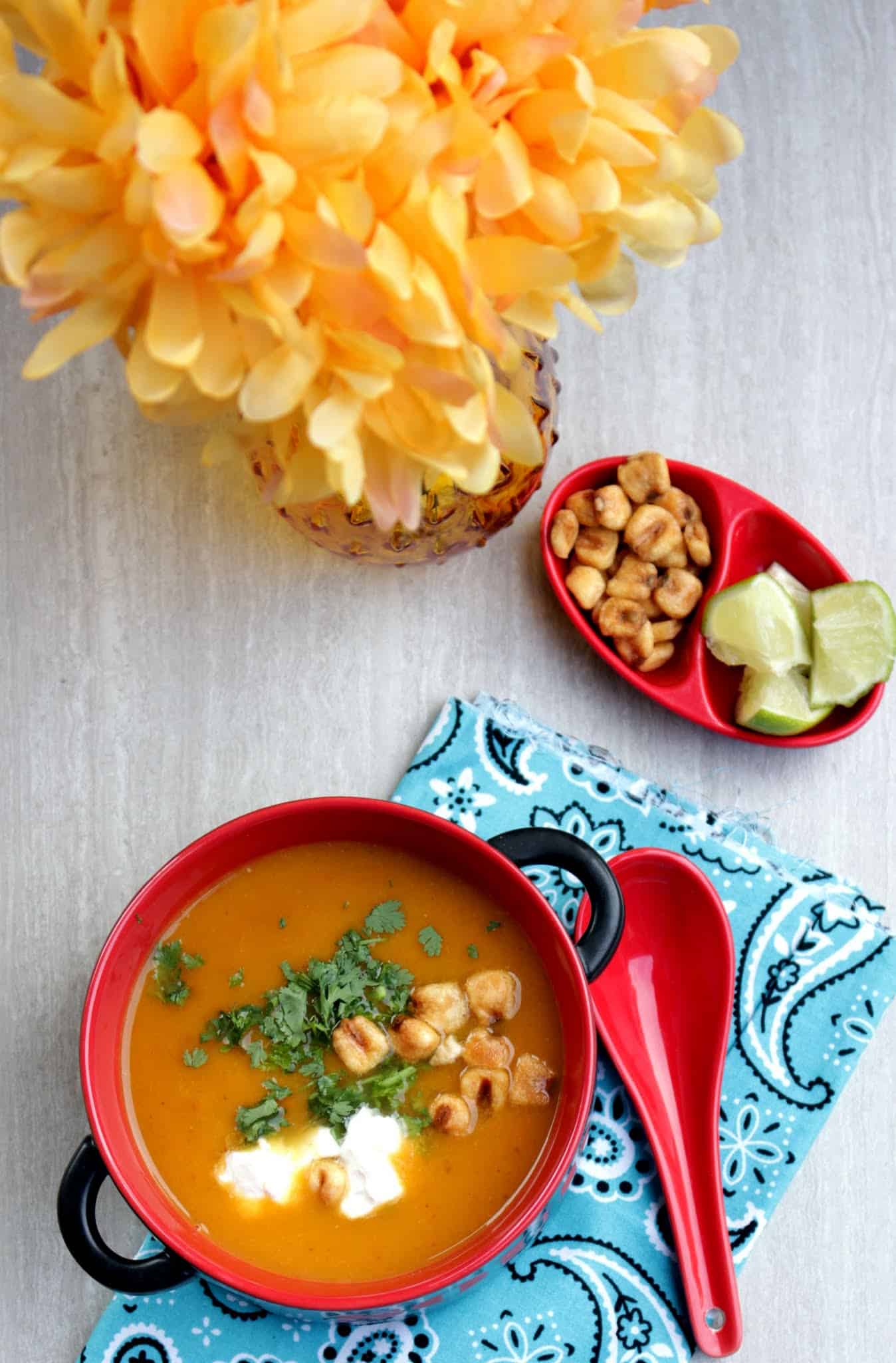 Roasted Butternut Squash Soup served in a red bowl