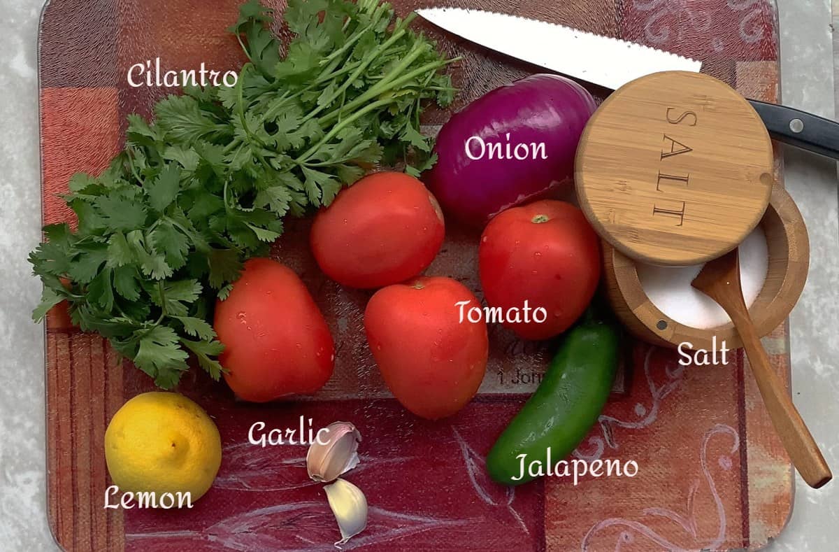 tomatoes, garlic, onion, cilantro, jalapeno, lemon and salt on a cutting board