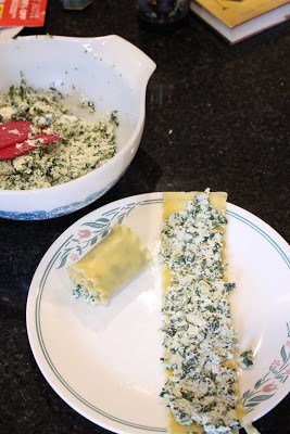 Rolling Spinach filling in  Lasagna roll ups 