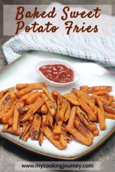 Sweet potato fries with ketchup and overlaying text.