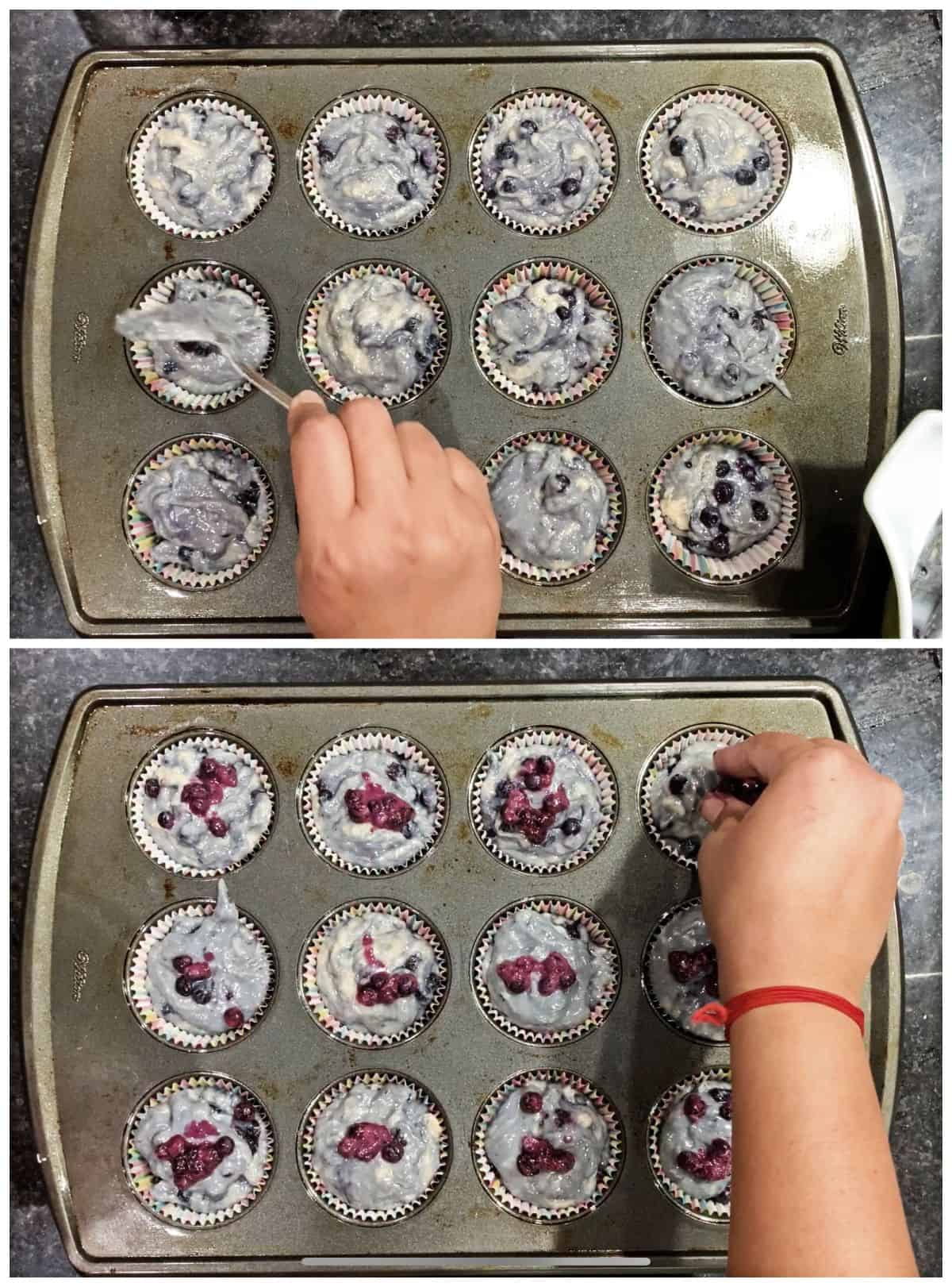 placing crumble on top of muffin batter and baked muffin