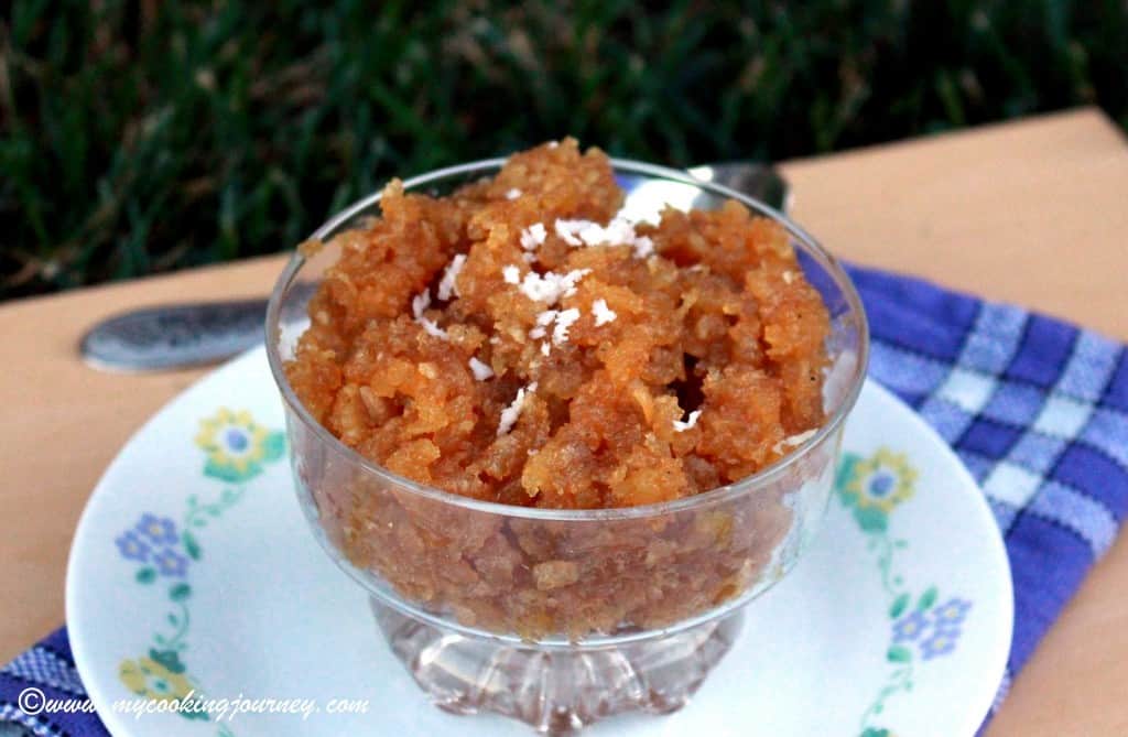 Vellam aval with cashews and roasted coconut.